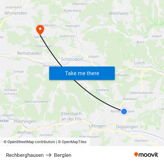 Rechberghausen to Berglen map