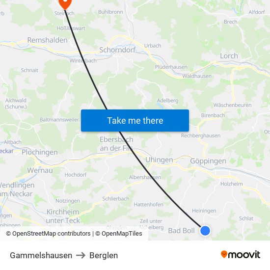 Gammelshausen to Berglen map