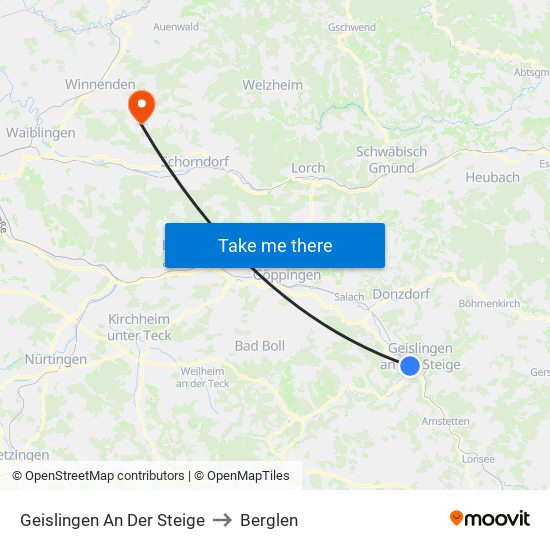 Geislingen An Der Steige to Berglen map