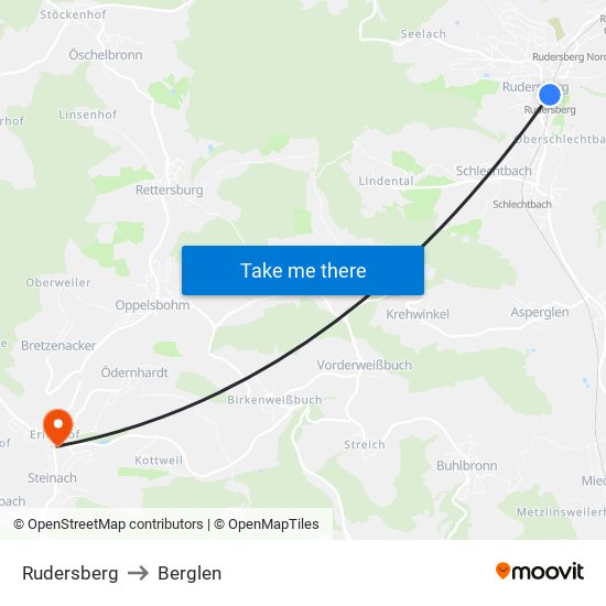 Rudersberg to Berglen map