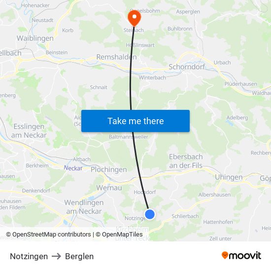 Notzingen to Berglen map