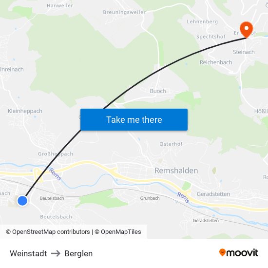 Weinstadt to Berglen map