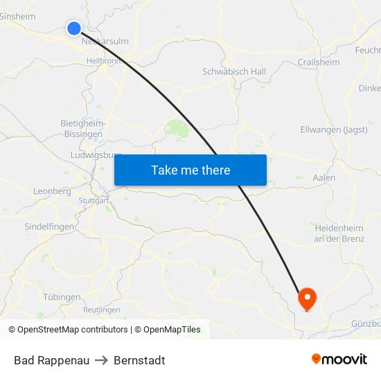 Bad Rappenau to Bernstadt map