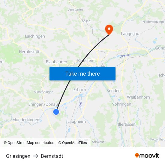 Griesingen to Bernstadt map