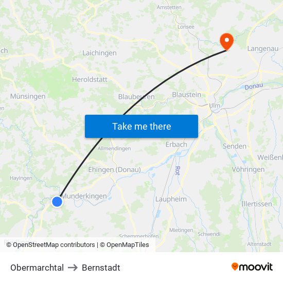 Obermarchtal to Bernstadt map