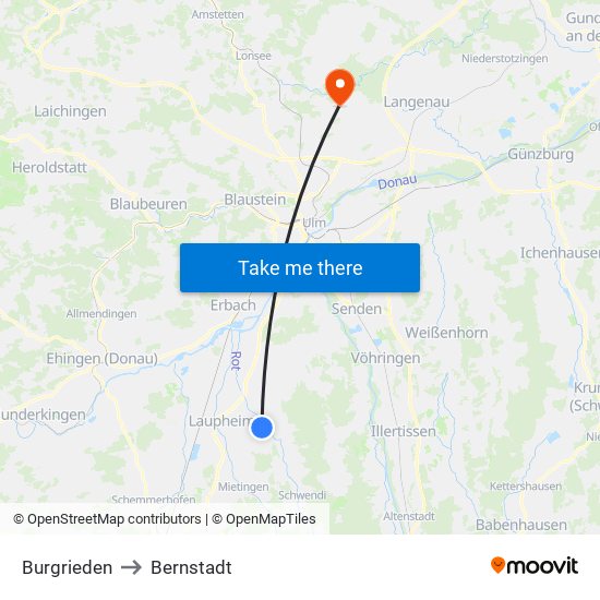 Burgrieden to Bernstadt map