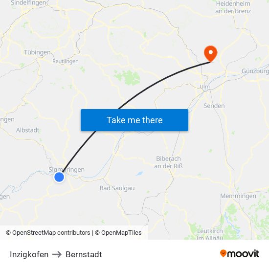 Inzigkofen to Bernstadt map