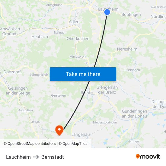 Lauchheim to Bernstadt map