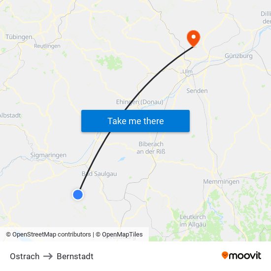 Ostrach to Bernstadt map
