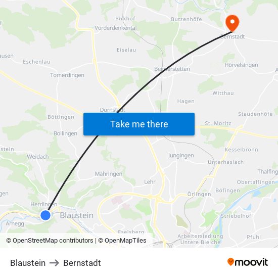Blaustein to Bernstadt map