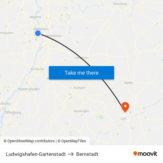 Ludwigshafen-Gartenstadt to Bernstadt map