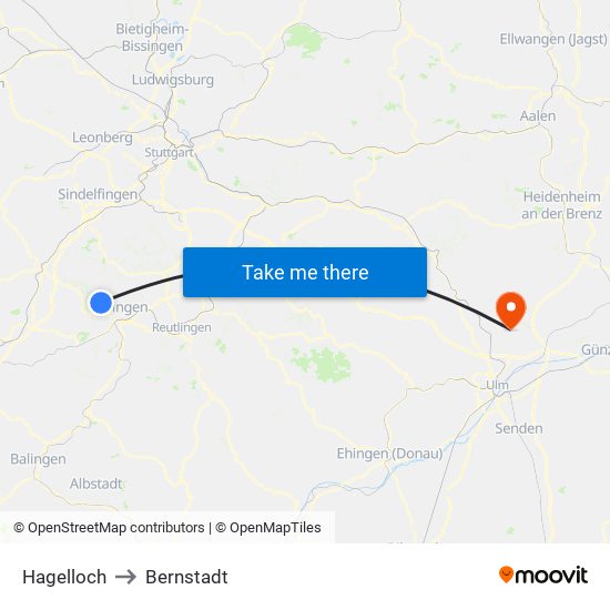 Hagelloch to Bernstadt map