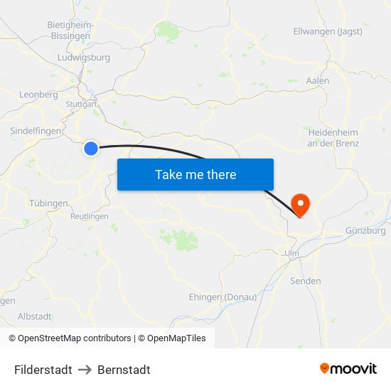 Filderstadt to Bernstadt map