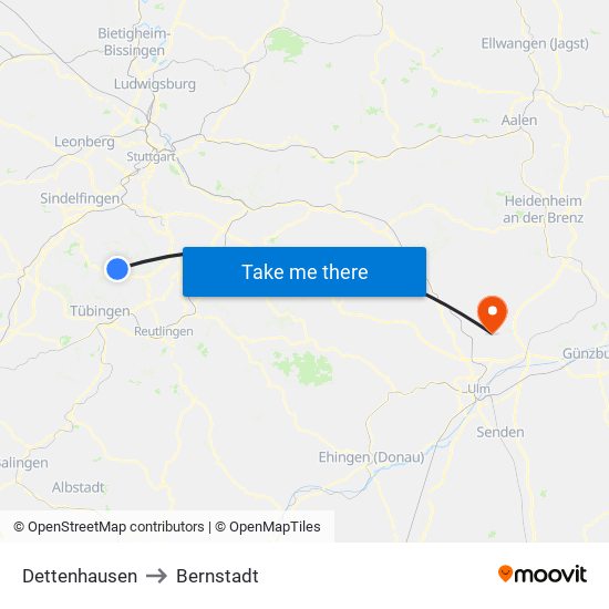 Dettenhausen to Bernstadt map