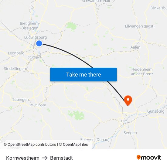 Kornwestheim to Bernstadt map