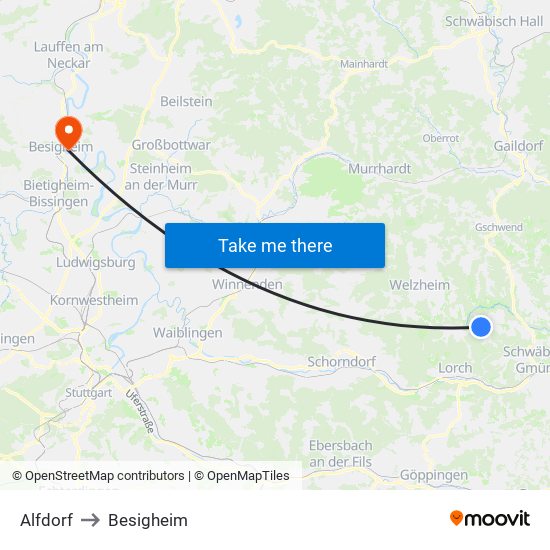 Alfdorf to Besigheim map