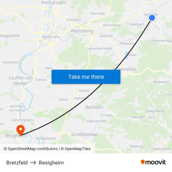 Bretzfeld to Besigheim map