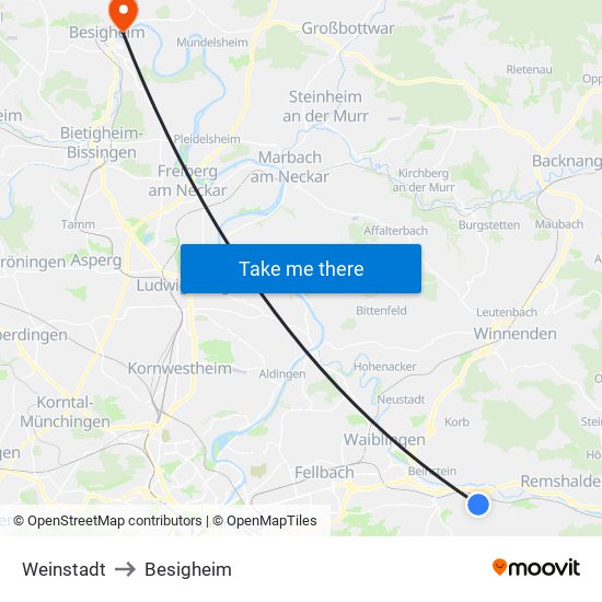 Weinstadt to Besigheim map