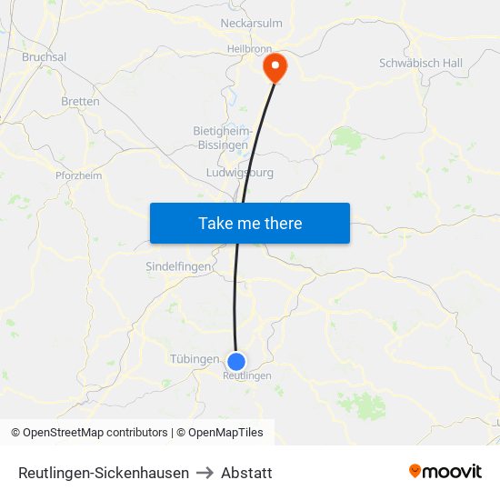 Reutlingen-Sickenhausen to Abstatt map