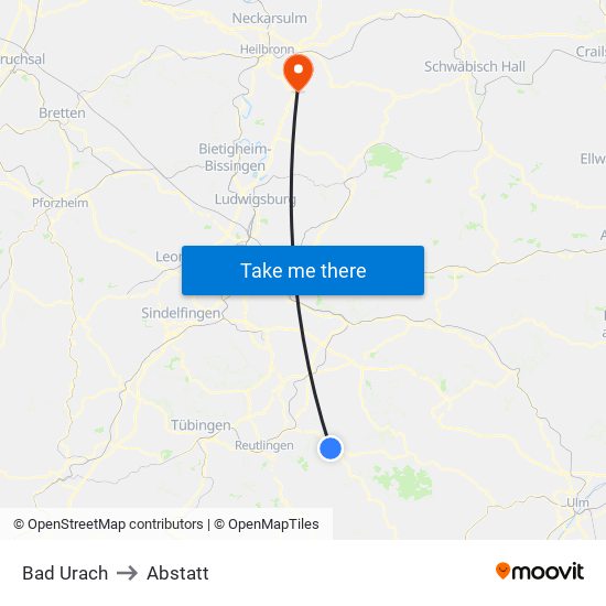 Bad Urach to Abstatt map