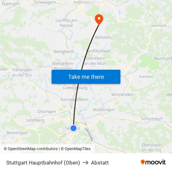 Stuttgart Hauptbahnhof (Oben) to Abstatt map