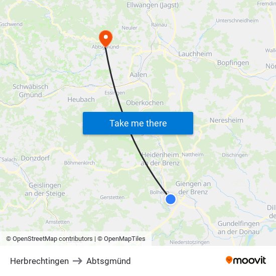 Herbrechtingen to Abtsgmünd map