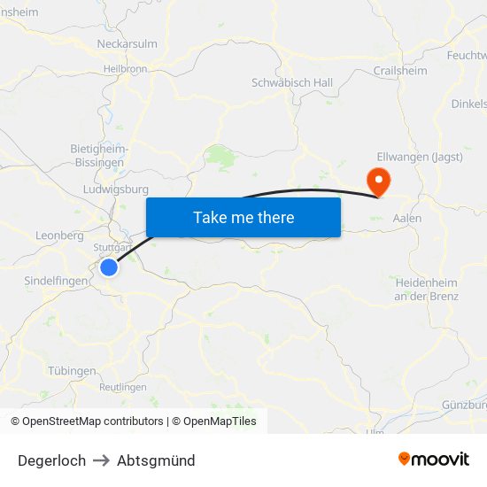 Degerloch to Abtsgmünd map