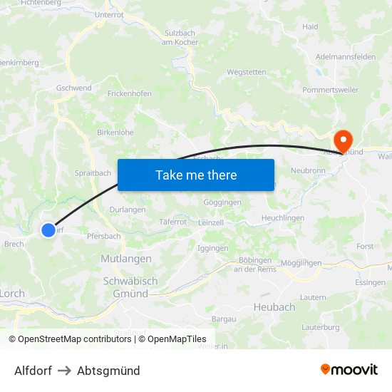 Alfdorf to Abtsgmünd map