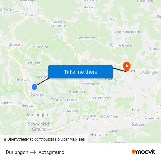 Durlangen to Abtsgmünd map