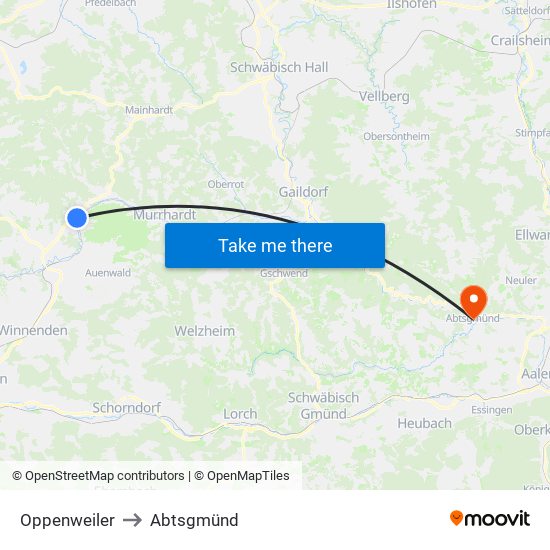 Oppenweiler to Abtsgmünd map