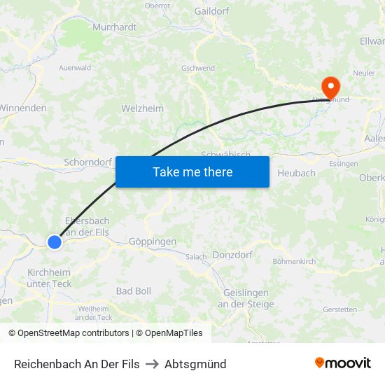 Reichenbach An Der Fils to Abtsgmünd map
