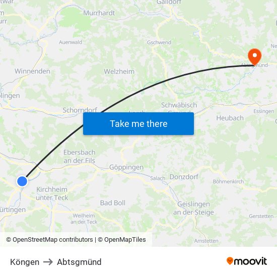 Köngen to Abtsgmünd map