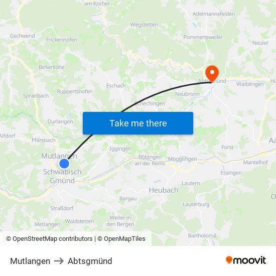 Mutlangen to Abtsgmünd map