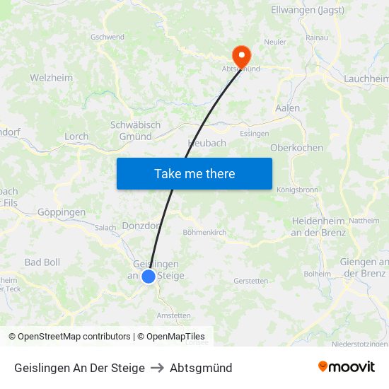 Geislingen An Der Steige to Abtsgmünd map