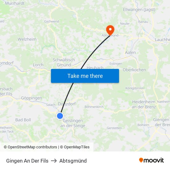 Gingen An Der Fils to Abtsgmünd map