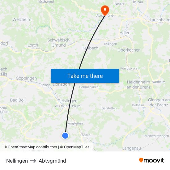 Nellingen to Abtsgmünd map
