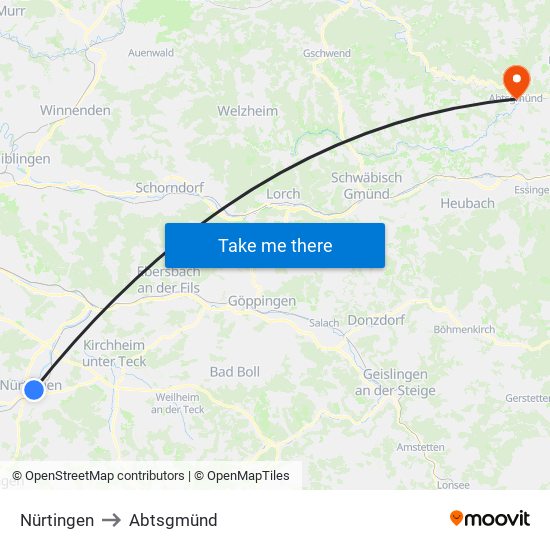 Nürtingen to Abtsgmünd map