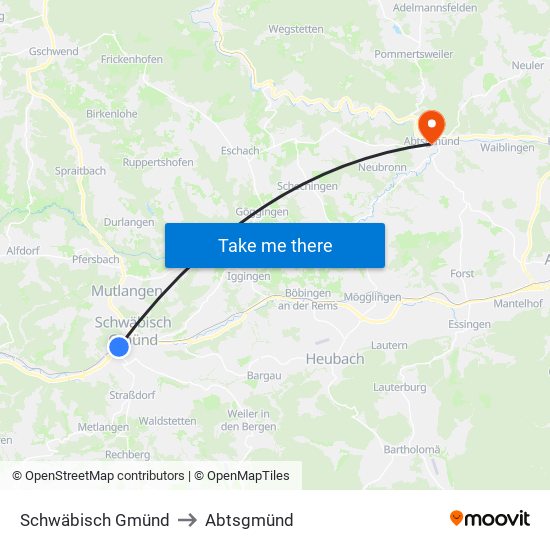 Schwäbisch Gmünd to Abtsgmünd map