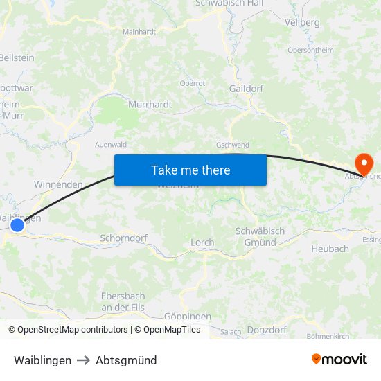 Waiblingen to Abtsgmünd map