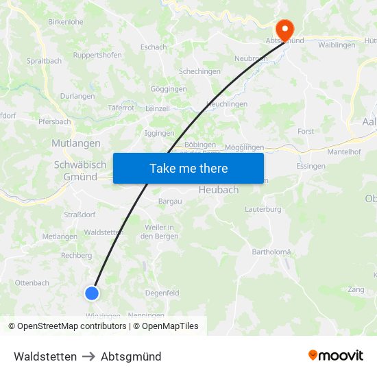 Waldstetten to Abtsgmünd map