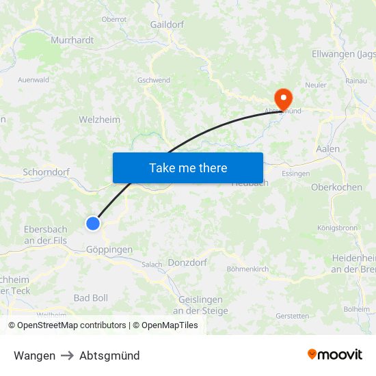 Wangen to Abtsgmünd map