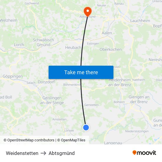 Weidenstetten to Abtsgmünd map