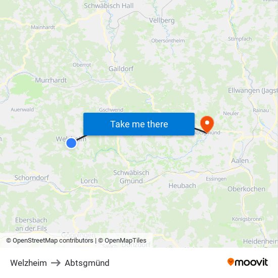 Welzheim to Abtsgmünd map
