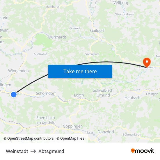 Weinstadt to Abtsgmünd map
