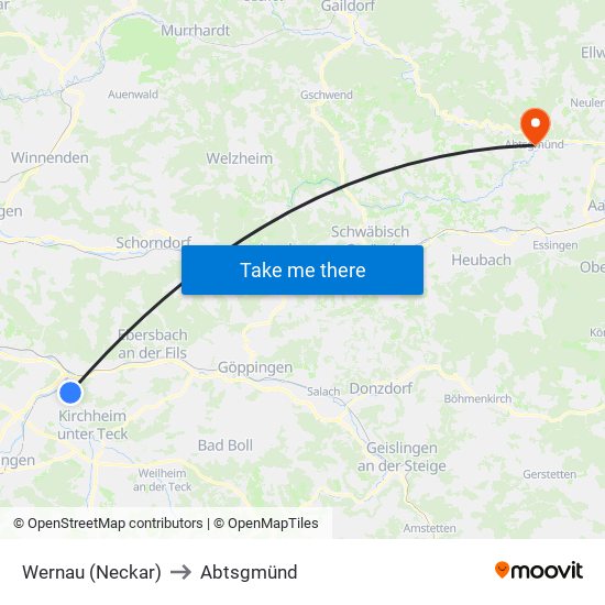 Wernau (Neckar) to Abtsgmünd map