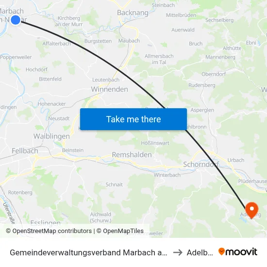 Gemeindeverwaltungsverband Marbach am Neckar to Adelberg map