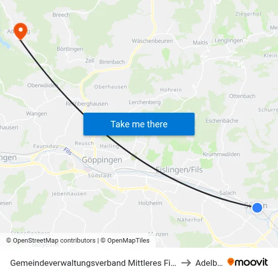 Gemeindeverwaltungsverband Mittleres Fils-Lautertal to Adelberg map