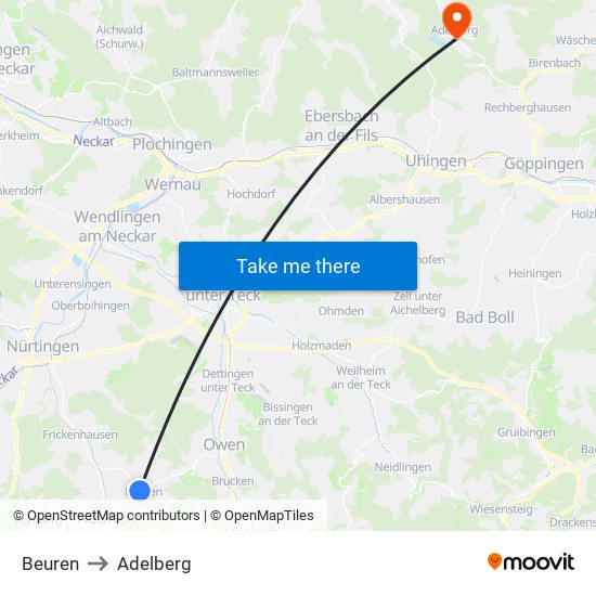 Beuren to Adelberg map