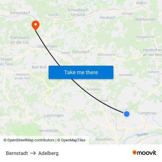 Bernstadt to Adelberg map