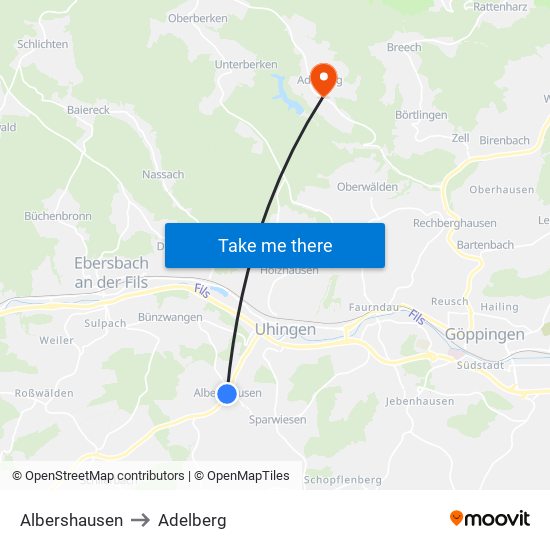 Albershausen to Adelberg map